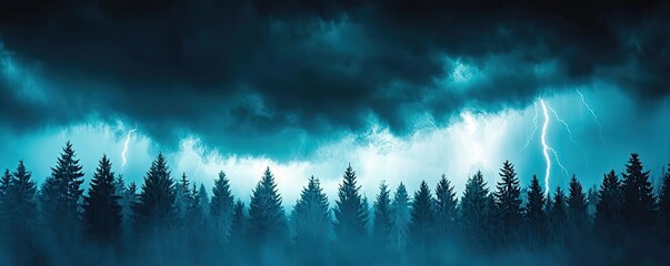 Dark stormy sky with lightning over silhouettes of evergreen trees.