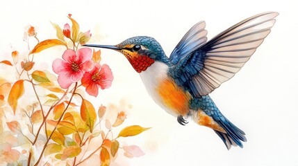 A PNG of a hummingbird in mid-flight, feeding from a flower with vibrant petals.