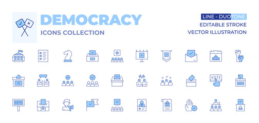 Democracy icons collection. Line Duotone style, editable stroke. group, ballot, debate, diplomacy, election, candidates, flag, white house, voting, democracy, advertising, vote