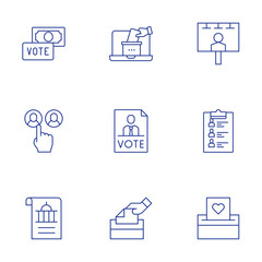 Democracy icons set. Thin Line style, editable stroke. billboard, candidates, vote, bribe, declaration, online voting