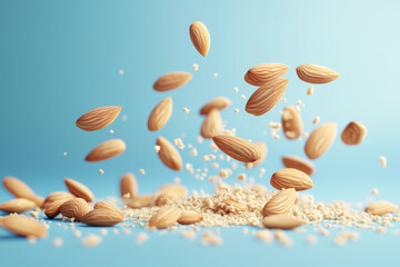 Closeup of almond nuts falling surrounded by almond crumbs isolated on flat blue background