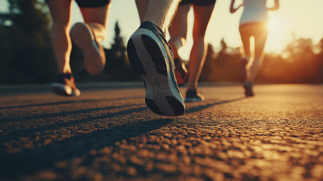 Charity run concept,group of runners moves energetically along a tree-lined road as sun sets,casting a warm glow over scene and highlighting their determination,copy space