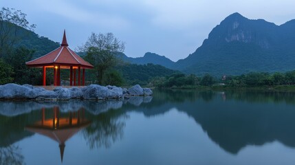 Fototapeta premium Tranquil Pavilion by the Lake at Dusk