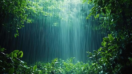 Fototapeta premium Lush green rainforest with sunlight filtering through the trees and gentle rain falling.