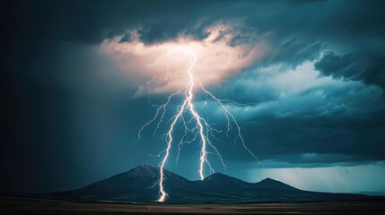Dramatic lightning striking mountains under a stormy sky.