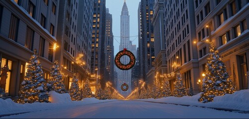 A grand city street transformed for Christmas, with towering buildings covered in holiday lights and a giant wreath hanging between them. Snow covers the sidewalks and streets.