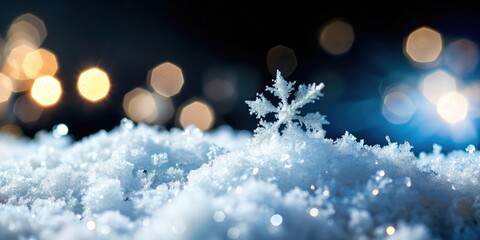 Fototapeta premium A Delicate Snowflake Perched on a Mound of Freshly Fallen Snow, Captured with a Soft, Dreamy Bokeh Background
