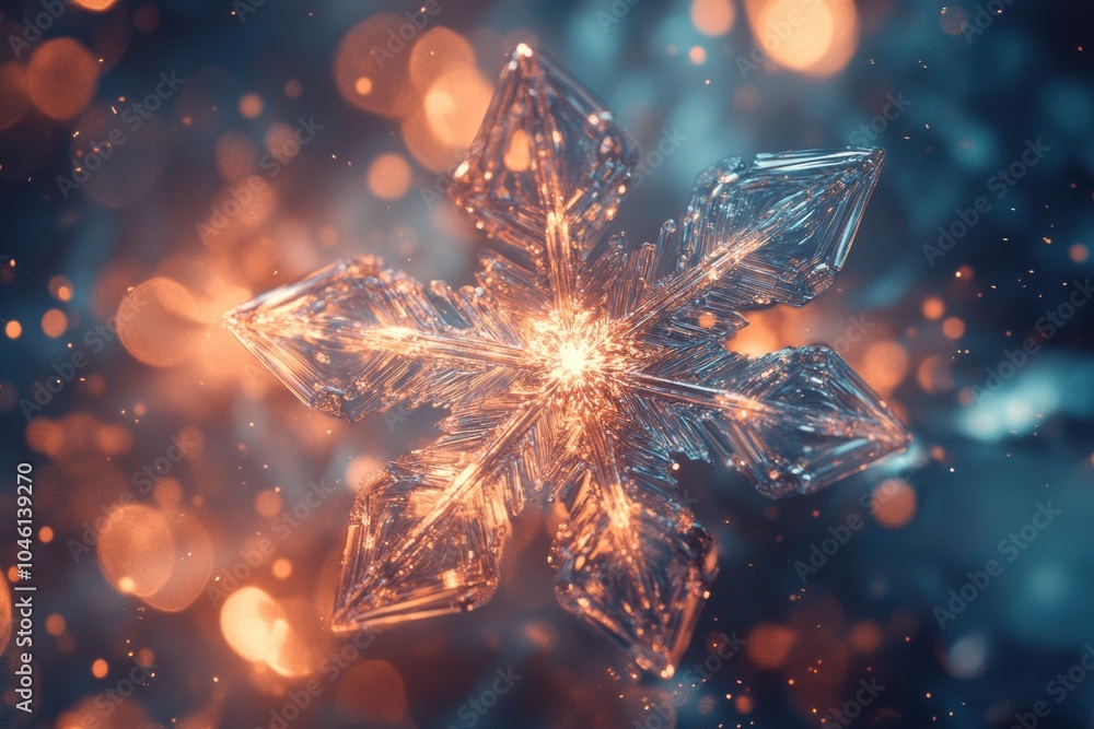 Poster A stunning display of glowing icy tones forms intricate snowflake shapes, captivating viewers with its beautiful night ambiance. Generative AI