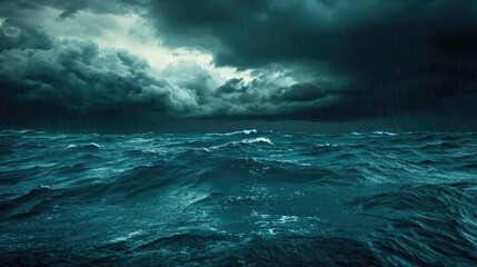 Fototapeta premium Dark stormy sea with turbulent waves and ominous clouds overhead.