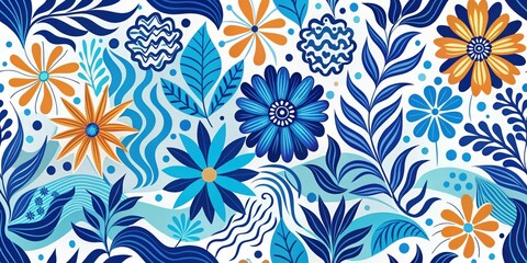 An abstract floral pattern with a vibrant mix of blue, orange, and white hues, showcasing delicate petals, swirling leaves, and organic shapes, creating a captivating and dynamic design.