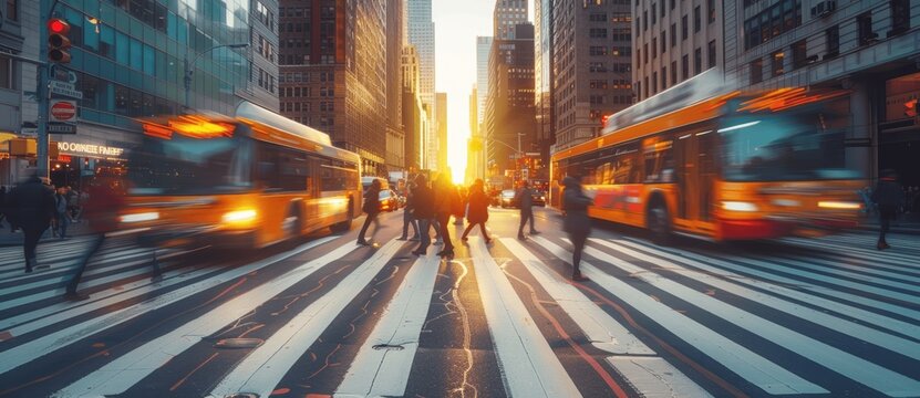 busy New York city street at sunset with people and cars, motion blur, long exposure, beautiful architecture, skyscrapers, pedestrian crossing, fast yellow bus, sunny day