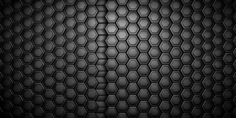 A repeating geometric pattern of dark gray hexagonal shapes arranged in rows, creating a textured and modern background.