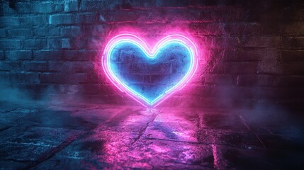 A neon light design in the shape of a heart, glowing in pink and blue.
