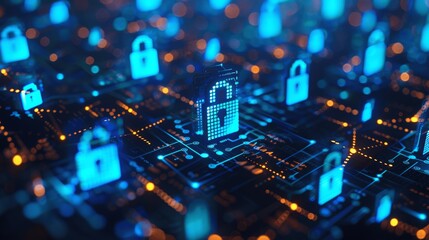 Obraz premium Digital Security Background with Padlock Icons on Blue Data Grid