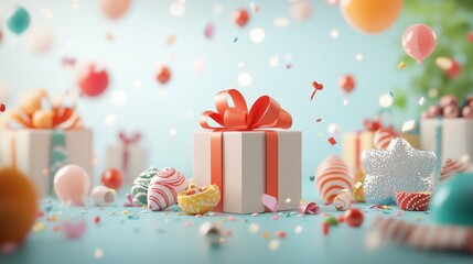 Obraz premium Festive gift box with colorful balloons and confetti celebrating a joyful occasion