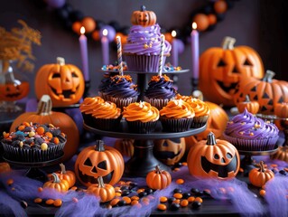 Halloween Party Table with Pumpkins, Cupcakes, and Candy