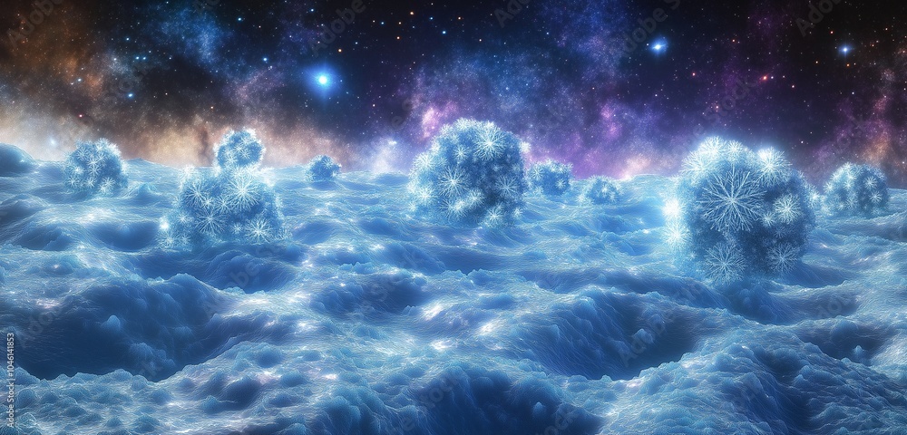 Wall mural a magical, icy field of asteroids floating through the snowflake galaxy, each asteroid resembling a 