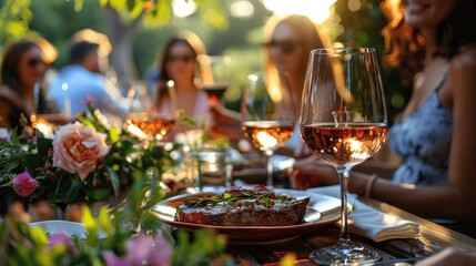Friends Enjoying Dinner Outdoors with Wine and Steak in Garden