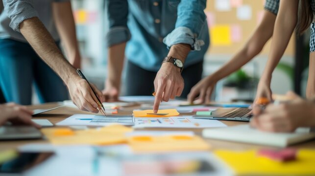 Teamwork, meeting and manager for training in office, coworking and process for creative collaboration. Business people, leader and editing book project in publishing, support and novel planning