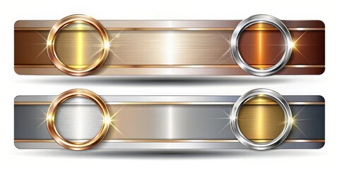 Abstract metallic banner with two round frames featuring polished gold, silver, and bronze finishes
