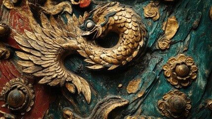 Golden Dragon and Floral Carvings on Wall