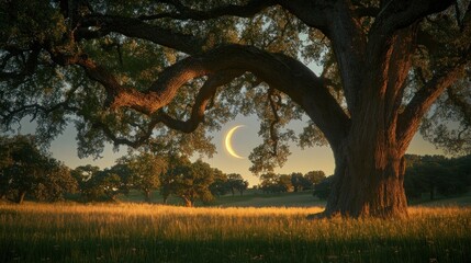 A large oak tree stands tall in a field at sunset with a crescent moon in the sky.
