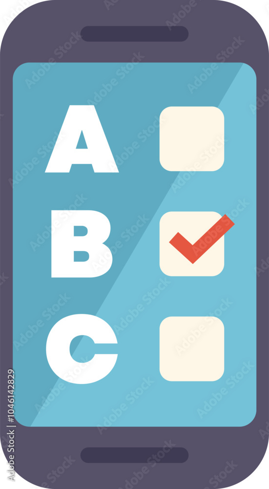 Poster smartphone displaying online survey with multiple choice answers, one answer is checked