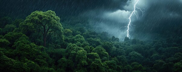 Obraz premium Vibrant forest under dramatic lightning during a stormy weather.