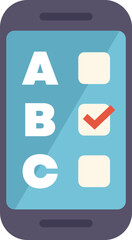 Smartphone displaying online survey with multiple choice answers, one answer is checked