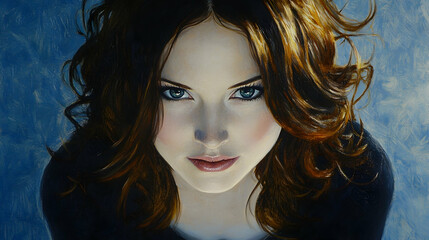 Fototapeta premium A beautiful young woman with long red hair and green eyes looks directly at the viewer.