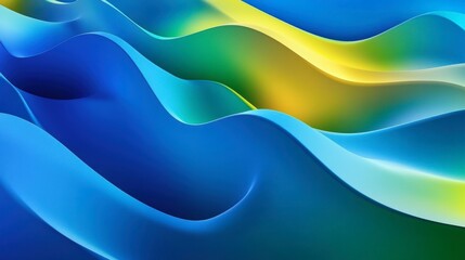Dynamic 3D shapes swirl in vibrant hues of blue, green, and yellow, illuminated by soft lighting that accentuates depth and motion, creating an energetic and captivating atmosphere.