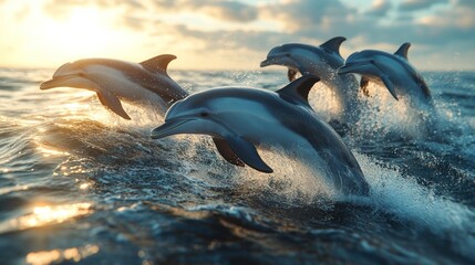 Obraz premium A group of dolphins jumping out of the ocean, with a clear blue sky above.