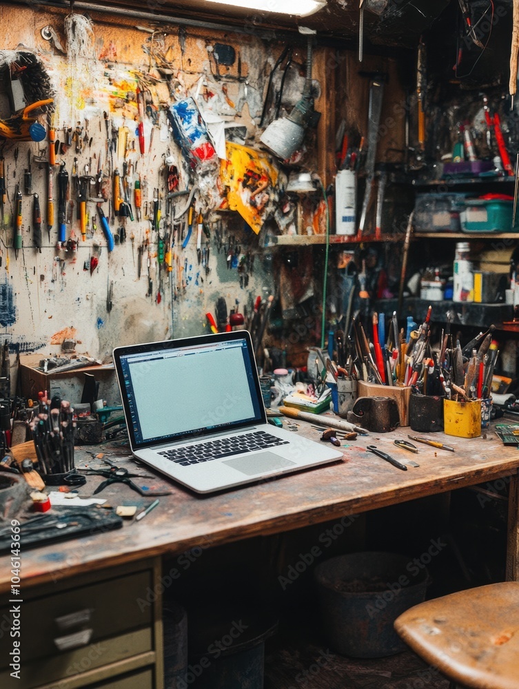 Poster A desktop cluttered with art supplies and tools features a laptop ready for creative work in a rustic workshop environment. Generative AI