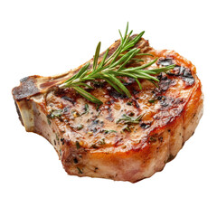 Grilled pork chop infused with rosemary and garlic, elegantly presented on a clean background, showcasing culinary artistry and flavor.
