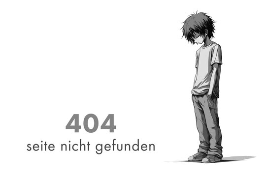 404 - Seite nicht gefunden. Zeichung eines traurigen Jungen. Manga style