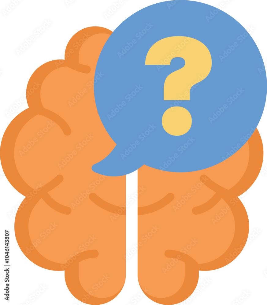 Poster stylized vector illustration of a human brain with a question mark inside a speech bubble, represent