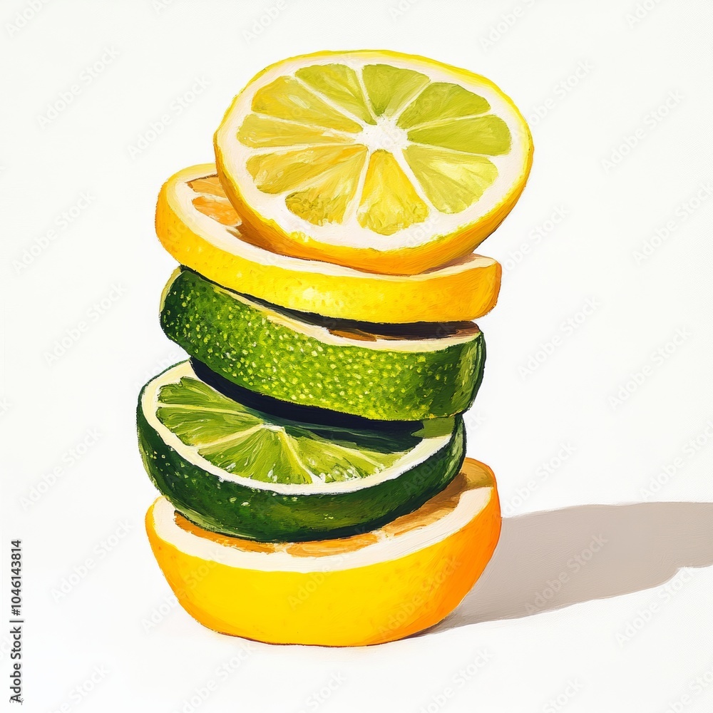 Poster a stack of lemon and lime slices, overlapping in a vibrant display of yellow and green hues, set on 