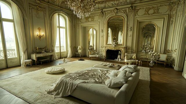 A large, white bed sits in the middle of a luxurious Parisian bedroom with ornate decor and large windows