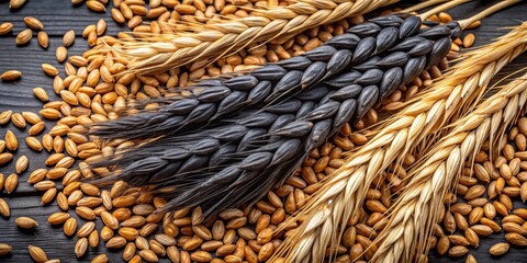 A close-up of golden and black wheat stalks lying on a dark surface, surrounded by a scattering of grains