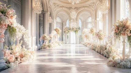 Obraz premium Imagine a luxurious ballroom wedding backdrop with grand chandeliers, marble floors, and cascading floral arrangements in soft pastel tones.