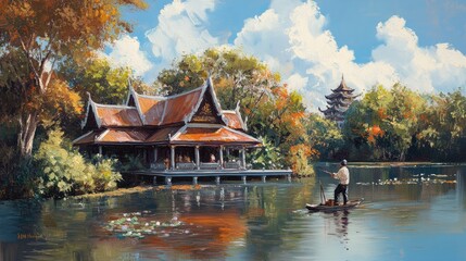 Fototapeta premium Serene Landscape with Traditional Architecture and Waterway