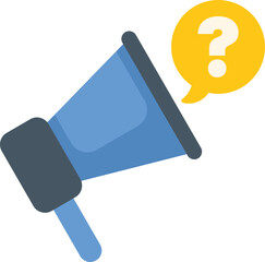 Blue megaphone is announcing an important question with a speech bubble