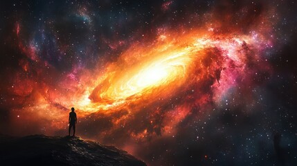 A swirling galaxy of vibrant colors, with stars and nebulae scattered throughout.