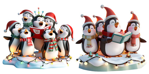 3D render of Christmas Penguin Choir Singing Holiday Carols.