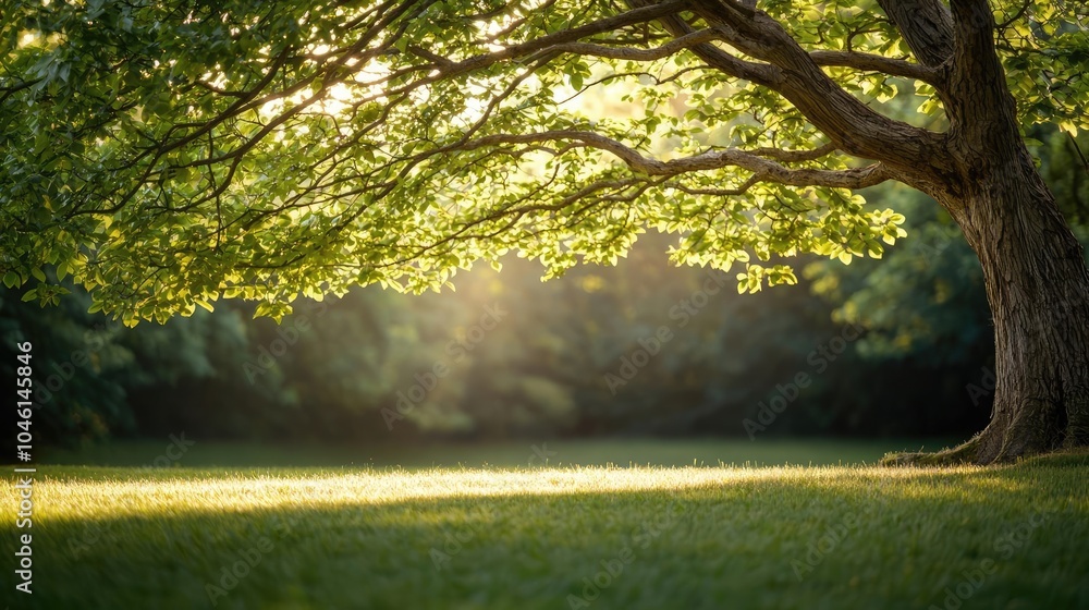 Poster sunlight filtering through leaves of a large tree in a serene park setting.