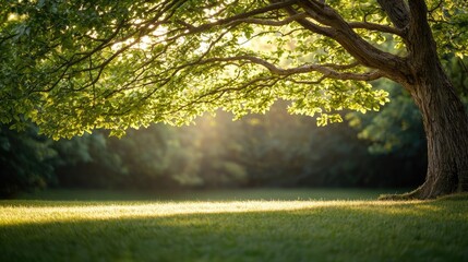 Sunlight filtering through leaves of a large tree in a serene park setting.
