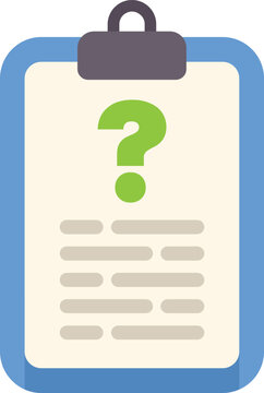 Blue clipboard showing question mark on paper for examination, quiz, interrogation or survey