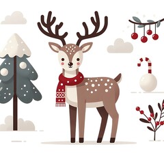 Naklejka premium Flat, isolated illustration of a standing reindeer with large antlers. The design features smooth lines, a neutral brown color, and a simple yet elegant profile, evoking holiday themes.