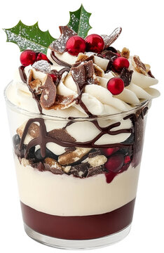 Delicious dessert parfait with cream, chocolate, and festive toppings. cut out, png, transparent background.