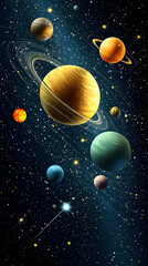 A vibrant illustration of the solar system with planets, stars, and a comet.